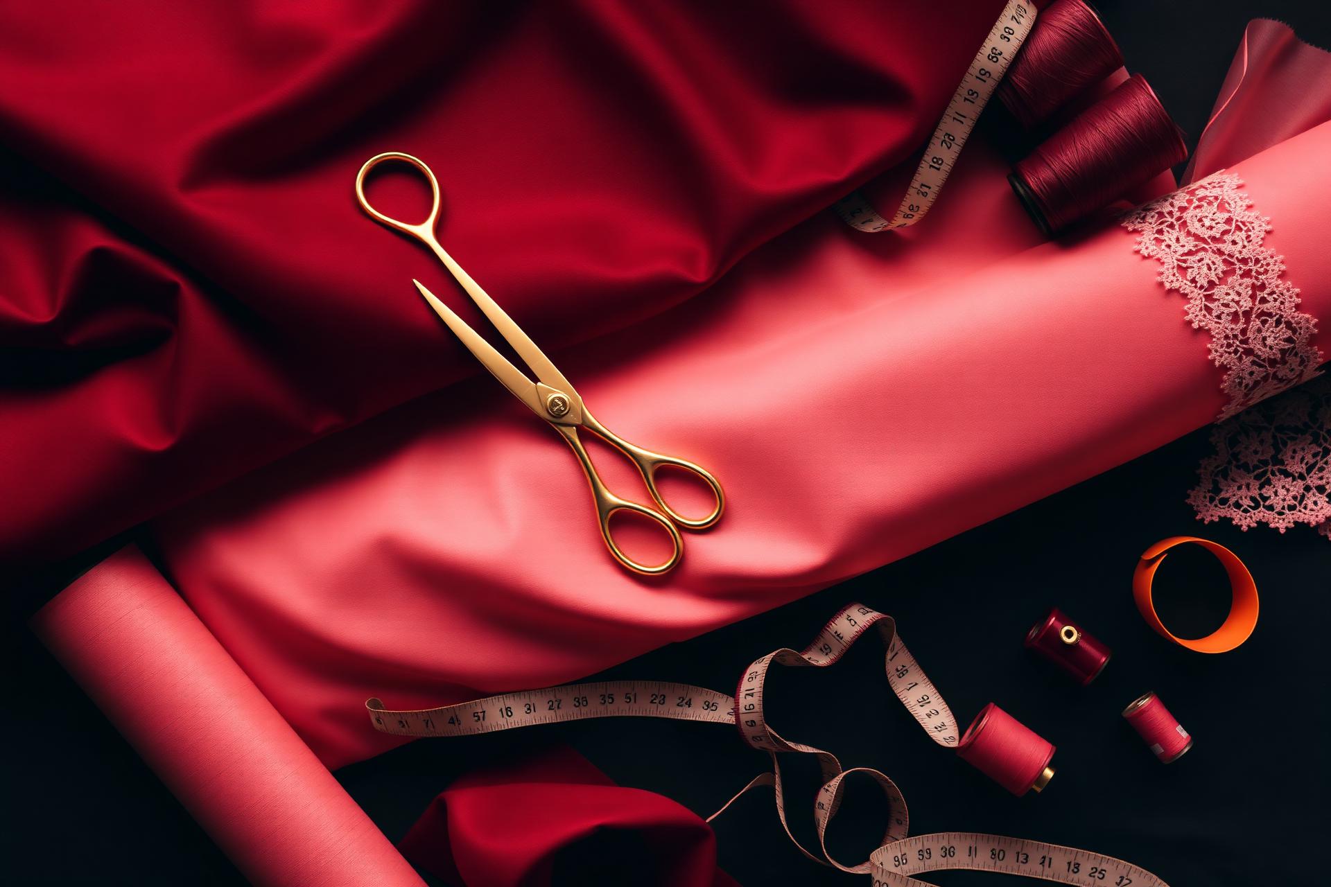 Atelier de costura com tecidos vinho e rosa